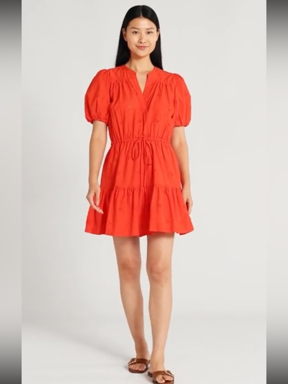 NWT Free Assembly cotton eyelet tiered mini dress in a vibrant orange